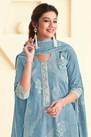 Sky Blue Pure Cotton Embroidery Block Print Dress